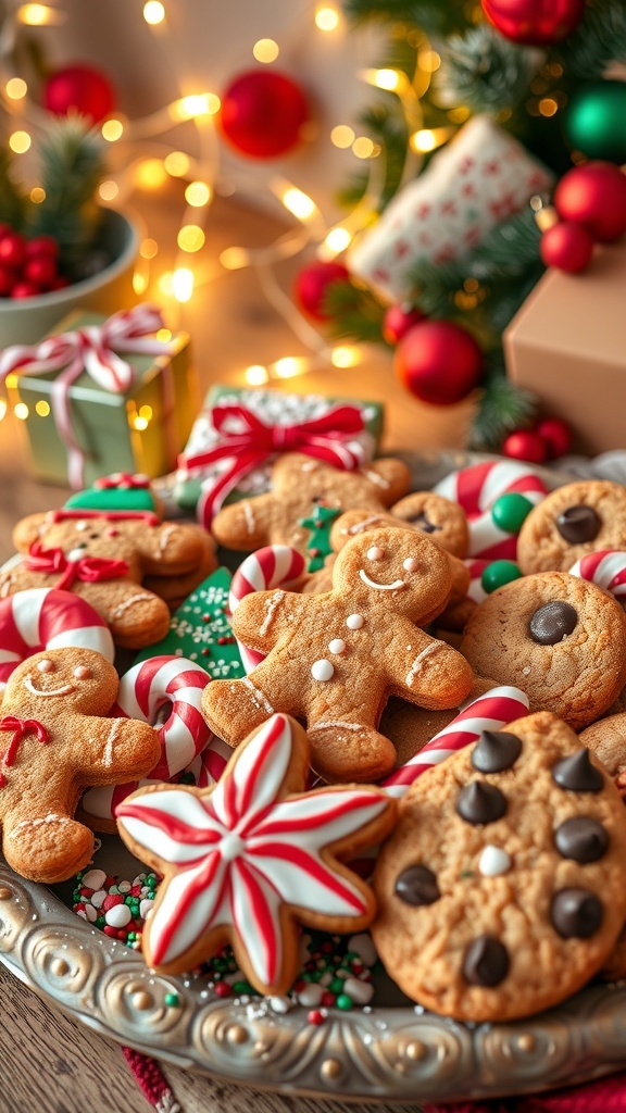 A festive assortment of Christmas cookies on a decorative platter, surrounded by holiday decorations.